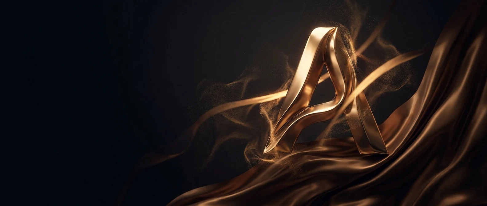 A golden letter 'A' emerges from flowing brown fabric, representing technical writing and clear communication.